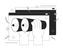 Web searching tool 2D linear illustration concept. Using binoculars to look at web pages cartoon outline character hands isolated on white. Online information metaphor monochrome vector art