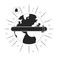 Global web search 2D linear illustration concept. Earth globe with text bar and notification sign cartoon outline object isolated on white. International data metaphor monochrome vector art