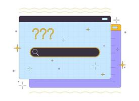 Search box and question marks on website 2D linear cartoon object. Find info online tools isolated line vector element white background. Data seeking technology color flat spot illustration