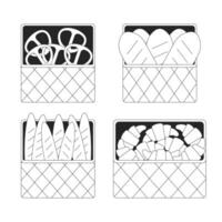 Bakery products black and white 2D line cartoon objects set. Small food business. Pastry assortment in baskets isolated vector outline items collection. Bread monochromatic flat spot illustrations