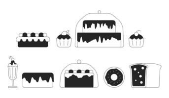 Confectionary store products black and white 2D line cartoon objects set. Delicious cakes isolated vector outline items collection. Desserts making small business monochromatic flat spot illustrations