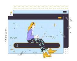 Seeking data online 2D linear illustration concept. Woman searching information via laptop cartoon character isolated on white. Web sources usage metaphor abstract flat vector outline graphic