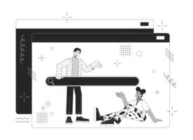 Communication technology 2D linear illustration concept. Web site diverse users searching data cartoon characters isolated on white. Internet data sources metaphor monochrome vector art