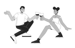 Interracial couple glasses clinking black and white 2D line cartoon characters. Toasting drinks wineglasses. 2 young adults isolated vector outline people. Cheers monochromatic flat spot illustration