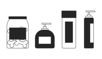 Dog cosmetics and treats black and white 2D line cartoon objects set. Grooming studio supplies isolated vector outline items collection. Taking care about pets monochromatic flat spot illustrations