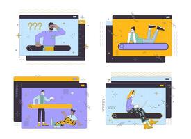 Searching information online 2D linear illustration concept set. Internet users cartoon characters isolated on white collection. Information browsing metaphor abstract flat vector outline graphic