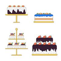 Decorated cakes on stands 2D linear cartoon objects set. Desserts store isolated line vector elements white background. Confectionery shop service color flat spot illustration collection