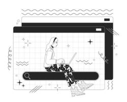 Seeking data online 2D linear illustration concept. Woman searching information via laptop cartoon outline character isolated on white. Web sources usage metaphor monochrome vector art