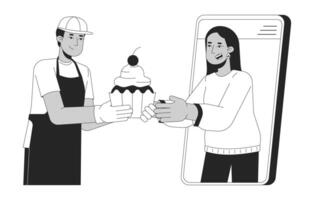 Woman ordering cakes online black and white 2D line cartoon characters. Confectioners serving client with dessert isolated vector outline people. E business monochromatic flat spot illustration