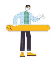 Happy asian man with search bar 2D linear cartoon character. Positive male helping to find data online isolated line vector person white background. Digital sources color flat spot illustration