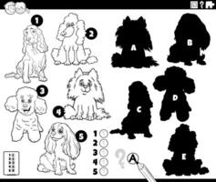 finding shadows game with cartoon purebred dogs coloring page vector