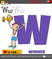 letter W from alphabet with cartoon winner character vector