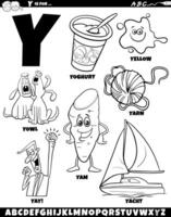 Letter Y set with cartoon objects and characters coloring page vector