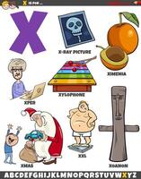 Letter X set with cartoon objects and characters vector