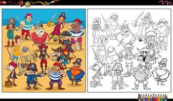 funny pirates characters group coloring page vector