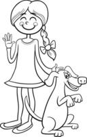 cartoon teen girl with funny dog character coloring page vector