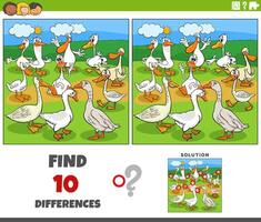 differences game with cartoon geese birds farm animal characters vector