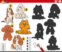 finding shadows game with cartoon purebred dogs vector