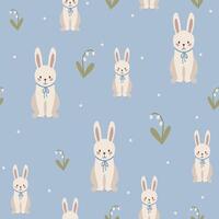 Rabbit seamless pattern, easter bunny hand drawn cute kids background, vintage retro pallete vector