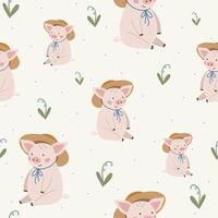 Pigs seamless pattern hand drawn cute kids background vintage retro pallete vector