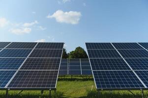 Solar panels and blue sky. Solar panels system power generators from sun. Clean technology for better future photo