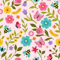 Seamless pattern with cute caterpillars, butterflies and bees and flowers. Vector graphics.