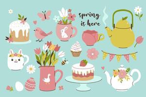 A set of spring tea party items with flowers, bouquets, eggs, Easter cakes. Vector graphics.