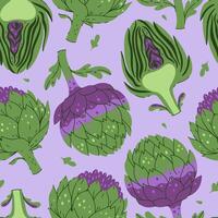 Seamless pattern with artichokes on a lilac background. Vector graphics.