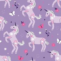 Seamless pattern with unicorns, flowers and butterflies in purple colors. Vector graphics.