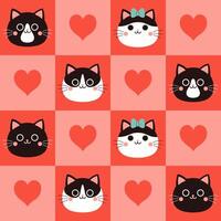 sin costura a cuadros modelo con linda gato caras y corazones. vector gráficos.