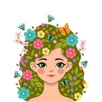 Spring portrait of a girl with a hairstyle with butterflies, bees and flowers. Vector graphics.