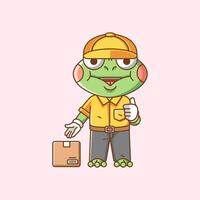 Cute frog courier package delivery animal chibi character mascot icon flat line art style illustration concept vector