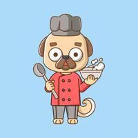 Cute pug dog chef cook serve food animal chibi character mascot icon flat line art style illustration concept cartoon vector