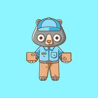 Cute bear courier package delivery animal chibi character mascot icon flat line art style illustration concept cartoon vector