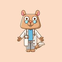 Cute squirrel doctor medical personnel chibi character mascot icon flat line art style illustration concept cartoon vector