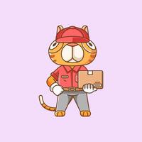 Cute cat courier package delivery animal chibi character mascot icon flat line art style illustration concept cartoon vector