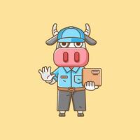 Cute cow courier package delivery animal chibi character mascot icon flat line art style illustration concept cartoon vector