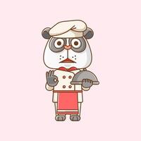 Cute panda chef cook serve food animal chibi character mascot icon flat line art style illustration concept cartoon vector