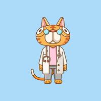 Cute cat doctor medical personnel chibi character mascot icon flat line art style illustration concept cartoon vector