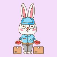 Cute bunny courier package delivery animal chibi character mascot icon flat line art style illustration concept cartoon vector