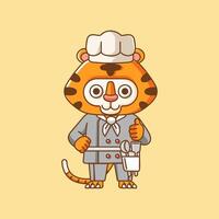 Cute tiger chef cook serve food animal chibi character mascot icon flat line art style illustration concept cartoon vector