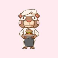 Cute bear chef cook serve food animal chibi character mascot icon flat line art style illustration concept cartoon vector