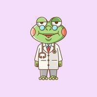 Cute frog doctor medical personnel chibi character mascot icon flat line art style illustration concept cartoon vector