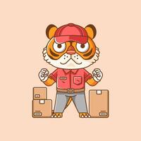 Cute tiger courier package delivery animal chibi character mascot icon flat line art style illustration concept vector