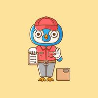 Cute penguin courier package delivery animal chibi character mascot icon flat line art style illustration concept cartoon vector