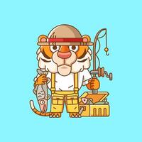 Cute tiger fisher fishing animal chibi character mascot icon flat line art style illustration concept cartoon vector