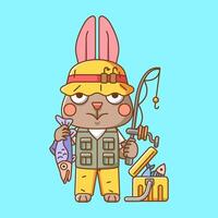 Cute rabbit fisher fishing animal chibi character mascot icon flat line art style illustration concept cartoon vector