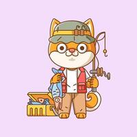 Cute shiba inu dog fisher fishing animal chibi character mascot icon flat line art style illustration concept cartoon vector