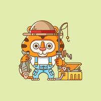 linda Tigre pescador pescar animal chibi personaje mascota icono plano línea Arte estilo ilustración concepto dibujos animados vector