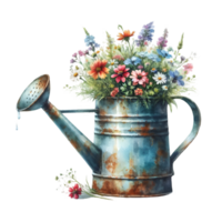 AI generated old watering can with flowers. png